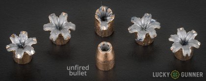 View from up above of fired Magtech .45 ACP (Auto) bullets compared to an unfired round