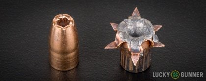 View from up above of fired Winchester 9mm Luger (9x19) bullets compared to an unfired round