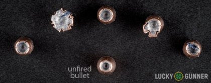 View from up above of fired Black Hills Ammunition .32 H&R Magnum bullets compared to an unfired round