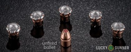 View from up above of fired Hornady .32 H&R Magnum bullets compared to an unfired round