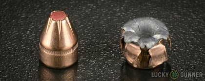 Side by side comparison of an unfired Hornady .380 Auto (ACP) bullet vs. the unfired round