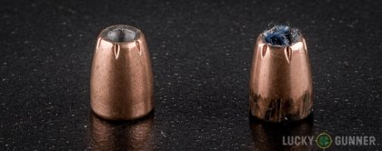 Side by side comparison of an unfired Hornady .25 Auto (ACP) bullet vs. the unfired round