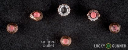 View from up above of fired Hornady .32 Auto (ACP) bullets compared to an unfired round