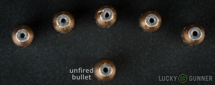 Side by side comparison of an unfired Prvi Partizan 9mm Luger (9x19) bullet vs. the unfired round