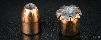 Side by side comparison of an unfired Hornady .40 S&W (Smith & Wesson) bullet vs. the unfired round