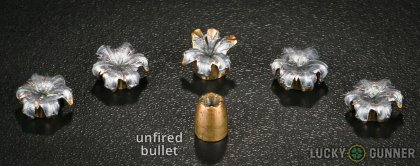 View from up above of fired Winchester .380 Auto (ACP) bullets compared to an unfired round