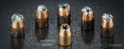 View from up above of fired PMC .40 S&W (Smith & Wesson) bullets compared to an unfired round