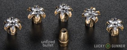 View from up above of fired Federal 9mm Luger (9x19) bullets compared to an unfired round