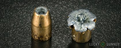 View from up above of fired Federal .40 S&W (Smith & Wesson) bullets compared to an unfired round