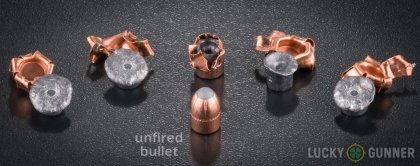 Side by side comparison of an unfired Corbon .357 Magnum bullet vs. the unfired round