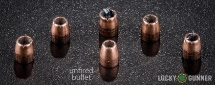 View from up above of fired Speer .32 Auto (ACP) bullets compared to an unfired round