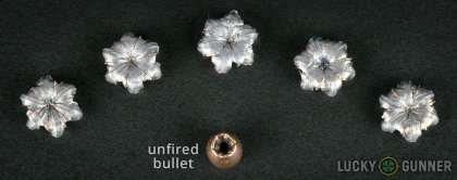 View from up above of fired Winchester .380 Auto (ACP) bullets compared to an unfired round