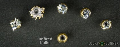View from up above of fired Remington .380 Auto (ACP) bullets compared to an unfired round