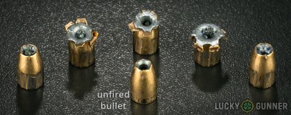 Side by side comparison of an unfired Federal 9mm Luger (9x19) bullet vs. the unfired round