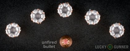 View from up above of fired Hornady .357 Magnum bullets compared to an unfired round