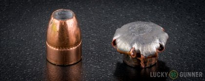 View from up above of fired Corbon .357 Magnum bullets compared to an unfired round