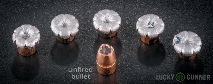 View from up above of fired Speer .357 Magnum bullets compared to an unfired round
