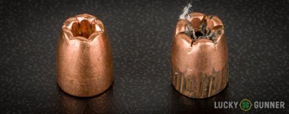 Side by side comparison of an unfired Winchester .380 Auto (ACP) bullet vs. the unfired round