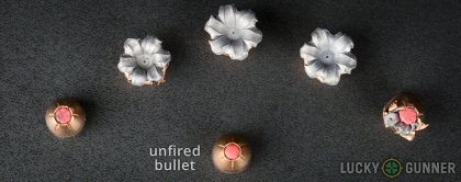 Side by side comparison of an unfired Hornady .45 ACP (Auto) bullet vs. the unfired round