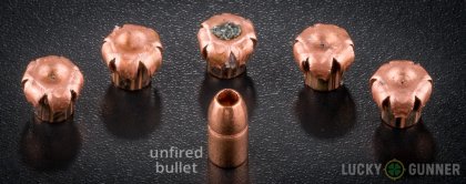 Side by side comparison of an unfired Buffalo Bore .357 Magnum bullet vs. the unfired round