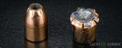 Side by side comparison of an unfired Fiocchi .40 S&W (Smith & Wesson) bullet vs. the unfired round