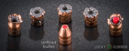 View from up above of fired Hornady .38 Special bullets compared to an unfired round