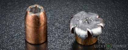 View from up above of fired Speer .40 S&W (Smith & Wesson) bullets compared to an unfired round
