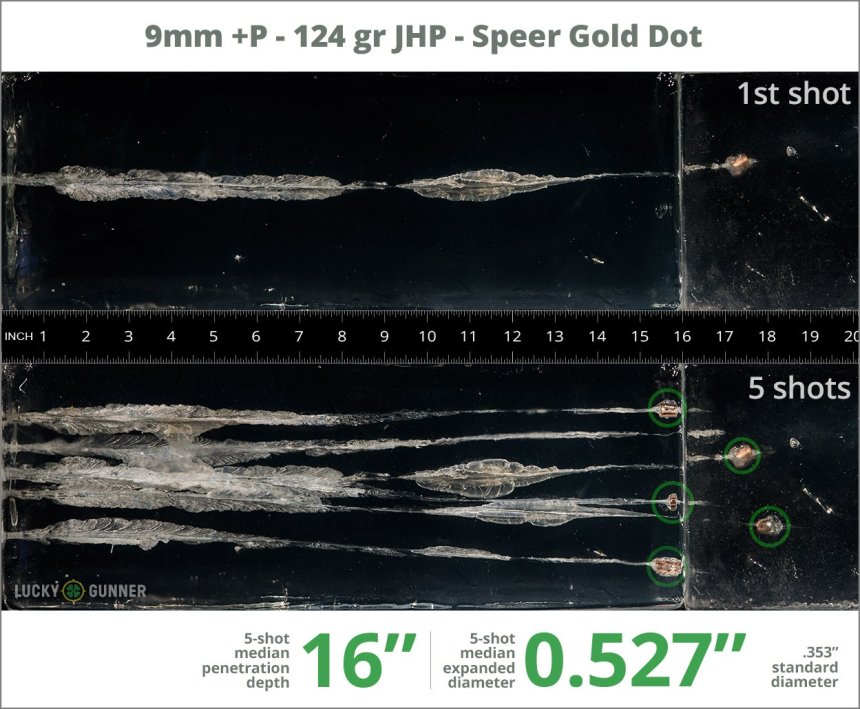 Image showing Speer 9mm Luger (9x19) 124 Grain rounds fired into ballistic gel