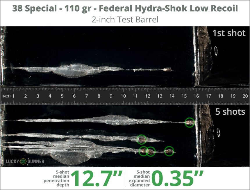Image showing Federal .38 Special 110 Grain rounds fired into ballistic gel