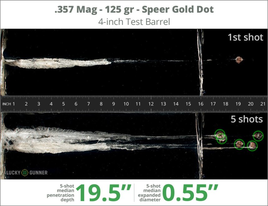 Image showing Speer .357 Magnum 125 Grain rounds fired into ballistic gel