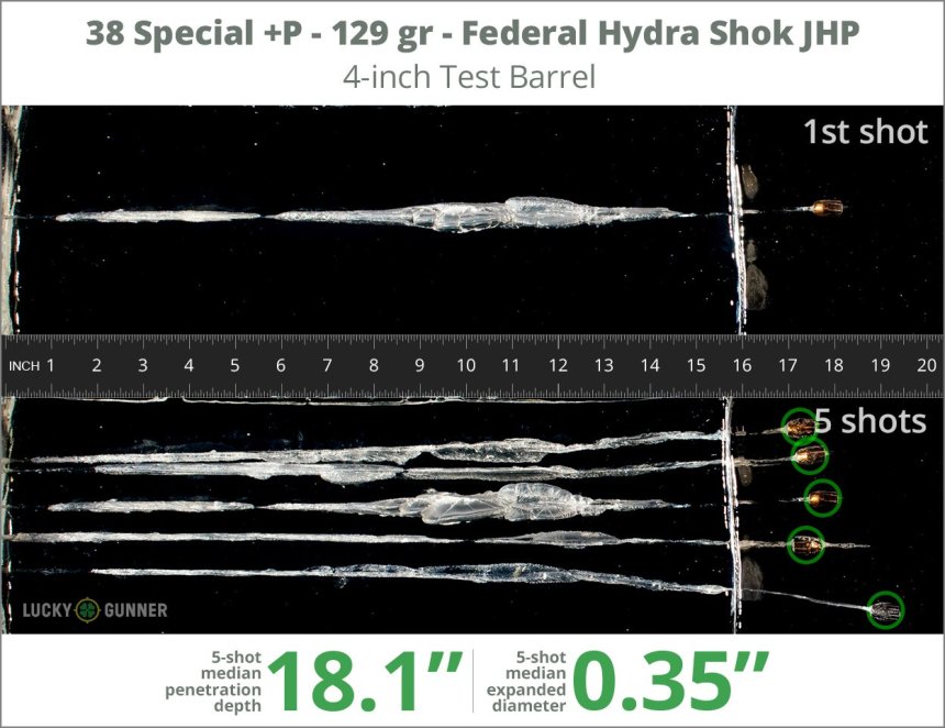 Image showing Federal .38 Special 129 Grain rounds fired into ballistic gel