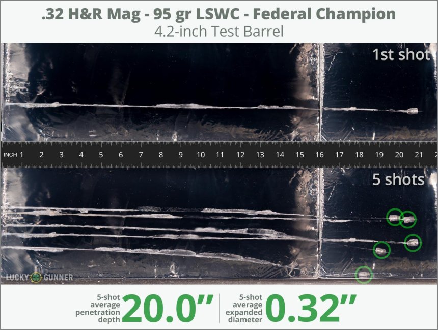 Image showing Federal .32 H&R Magnum 95 Grain rounds fired into ballistic gel