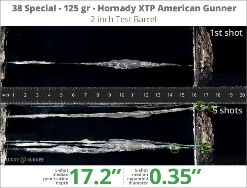 Image showing Hornady .38 Special 125 Grain rounds fired into ballistic gel