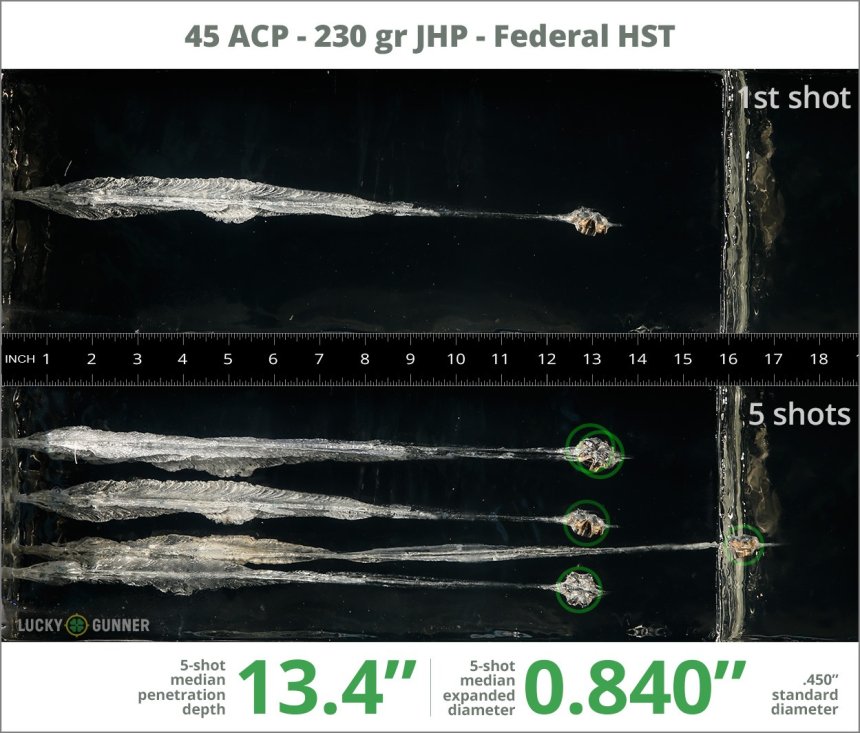 Image showing Federal .45 ACP (Auto) 230 Grain rounds fired into ballistic gel