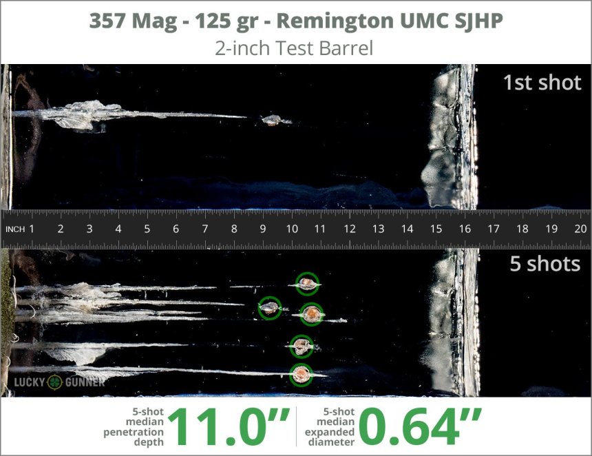 Image showing Remington .357 Magnum 125 Grain rounds fired into ballistic gel