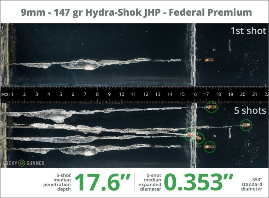 Image showing Federal 9mm Luger (9x19) 147 Grain rounds fired into ballistic gel