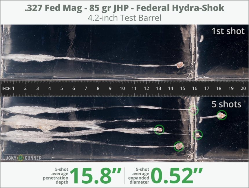 Image showing Federal .327 Federal Magnum 85 Grain rounds fired into ballistic gel