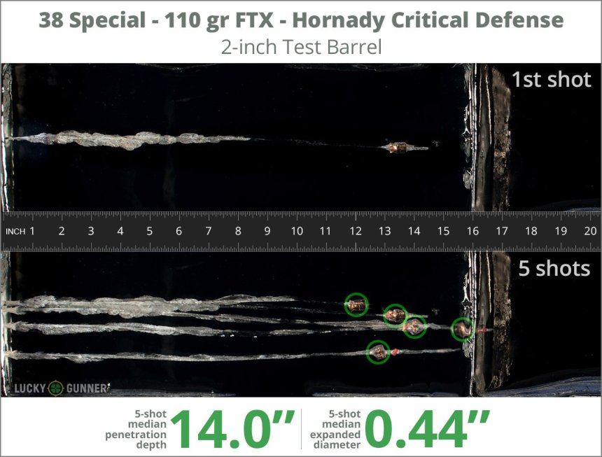 Image showing Hornady .38 Special 110 Grain rounds fired into ballistic gel