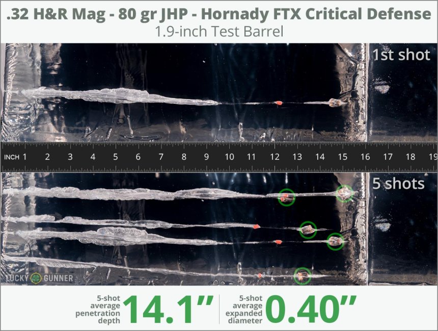 Image showing Hornady .32 H&R Magnum 80 Grain rounds fired into ballistic gel