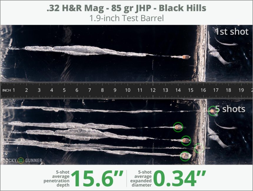 Image showing Black Hills Ammunition .32 H&R Magnum 85 Grain rounds fired into ballistic gel