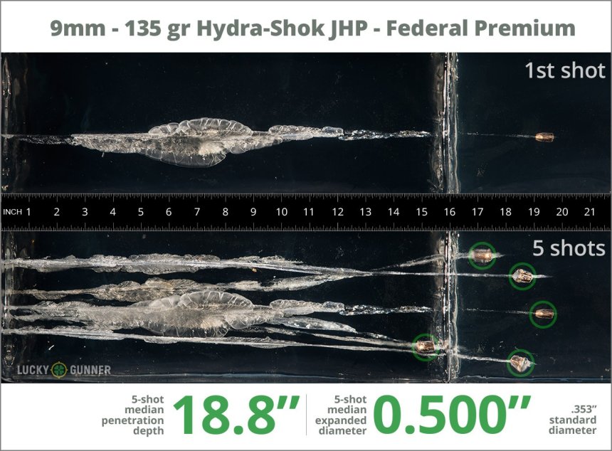 Image showing Federal 9mm Luger (9x19) 135 Grain rounds fired into ballistic gel