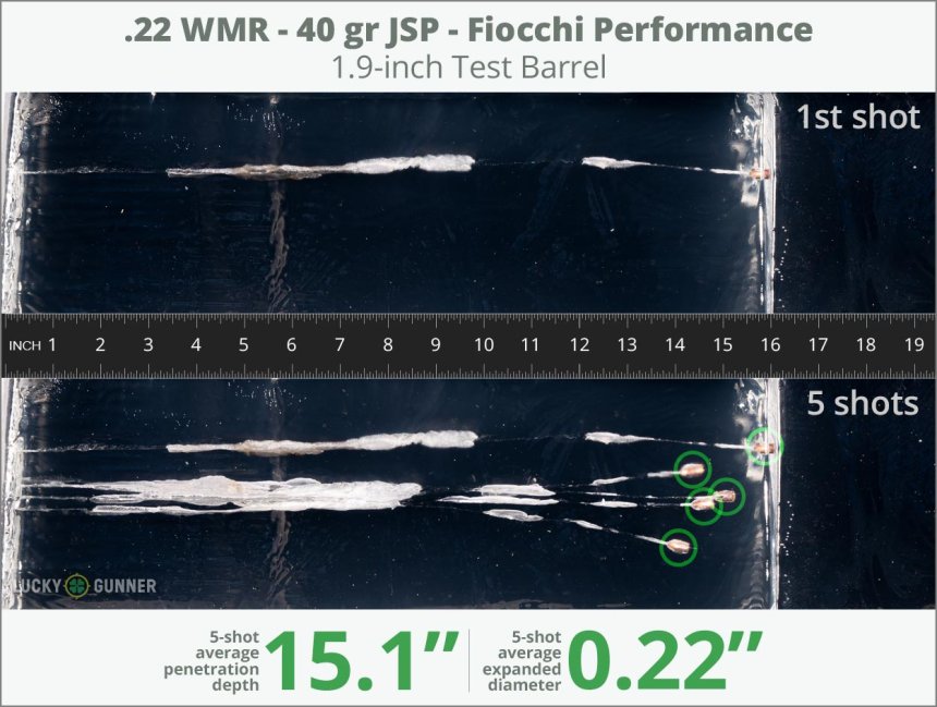 Image showing Fiocchi .22 Magnum (WMR) 40 Grain rounds fired into ballistic gel
