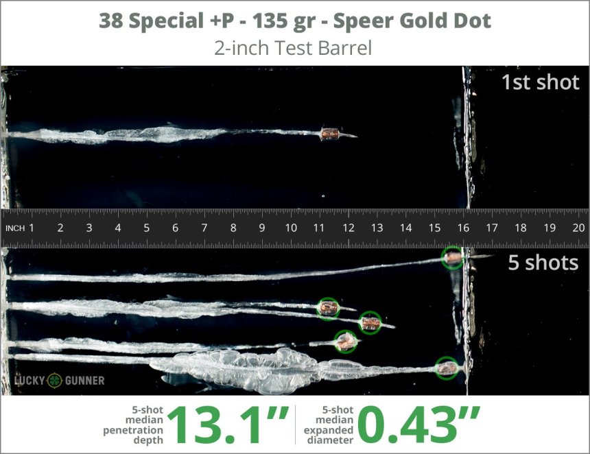 Image showing Speer .38 Special 135 Grain rounds fired into ballistic gel