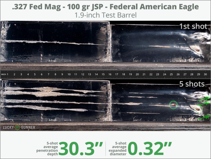 Image showing Federal .327 Federal Magnum 100 Grain rounds fired into ballistic gel