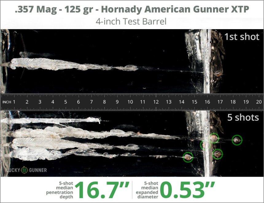 Image showing Hornady .357 Magnum 125 Grain rounds fired into ballistic gel
