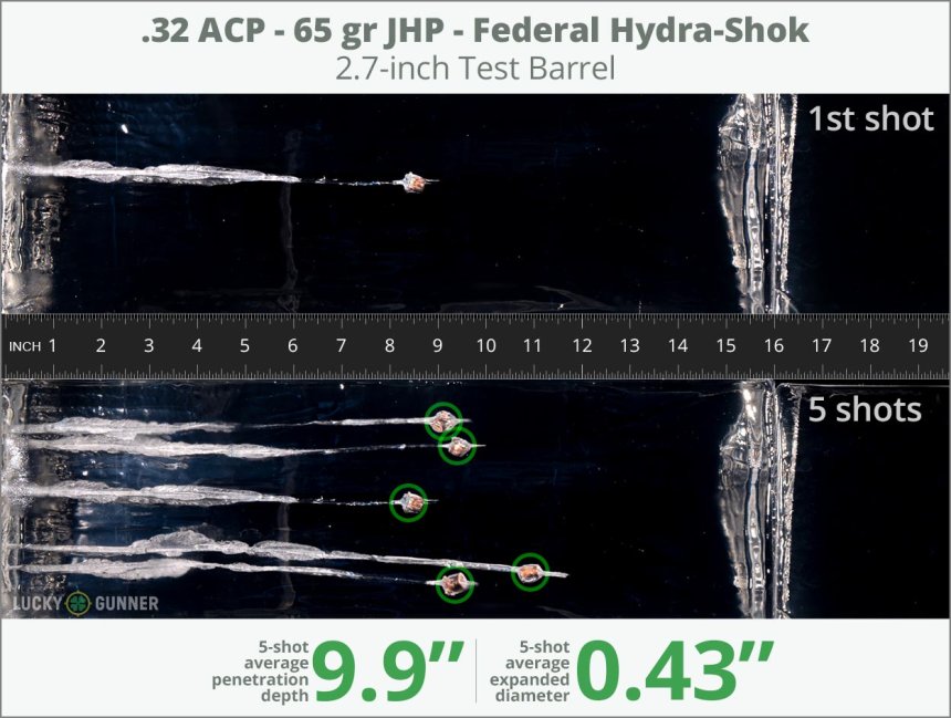 Image showing Federal .32 Auto (ACP) 65 Grain rounds fired into ballistic gel