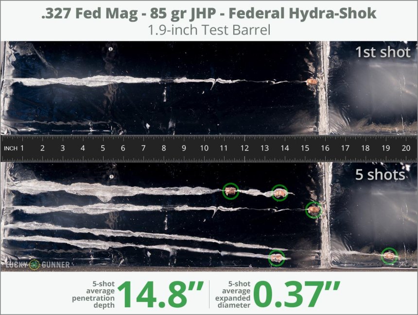 Image showing Federal .327 Federal Magnum 85 Grain rounds fired into ballistic gel