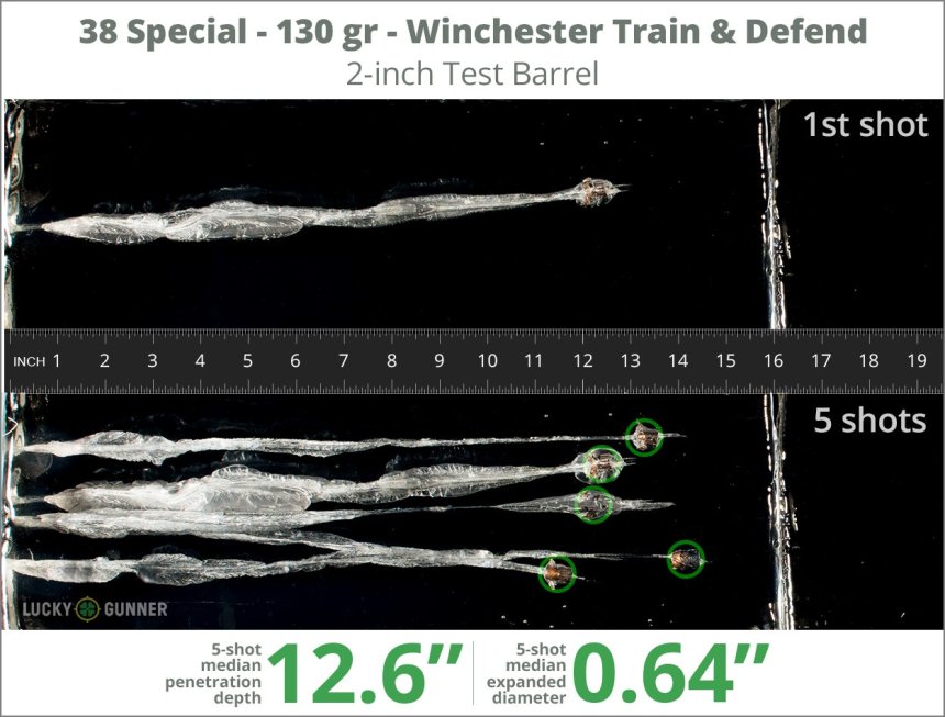 Image showing Winchester .38 Special 130 Grain rounds fired into ballistic gel