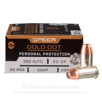 Large image of 380 Auto Defense Ammo In Stock - 90 gr JHP - 380 ACP Ammunition by Speer Gold Dot For Sale - 20 Rounds