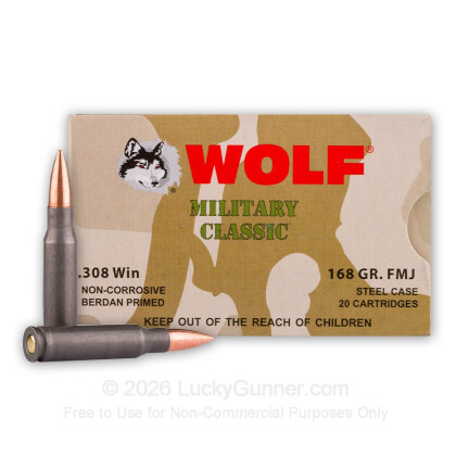 Large image of Bulk 308 Ammo For Sale - 168 Grain FMJ Ammunition in Stock by Wolf Military Classic - 500 Rounds